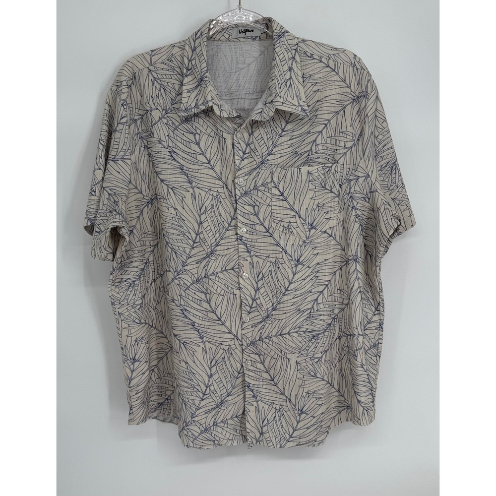 Vatpave Mens Sz L Blue White Leaf Print Short Sleeve Button‎ Down Shirt Stretch